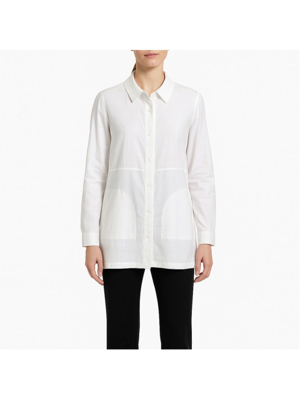 Eileen Fisher White Linen Blend Long Shirt Jacket Italian Fabric Pockets Medium